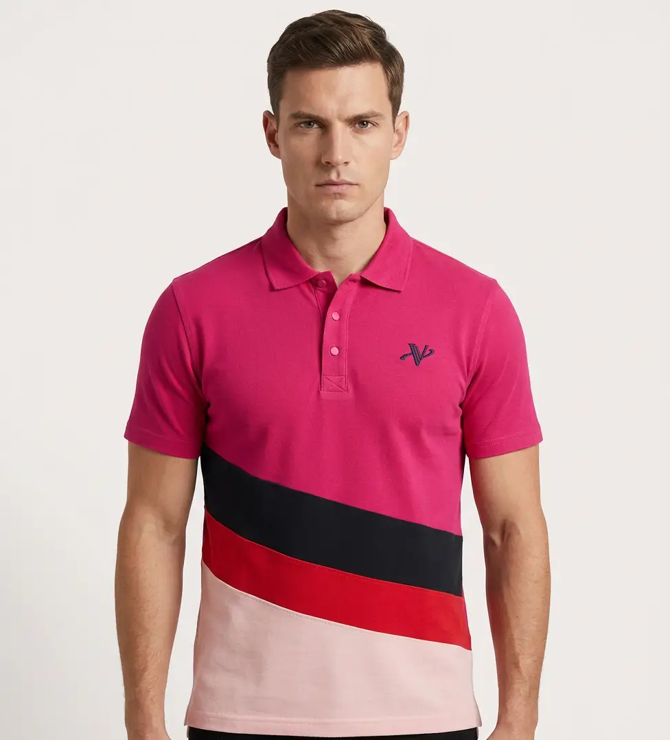 Vizlen Premium Polo in Magenta Colorblock — bold diagonal stripe design