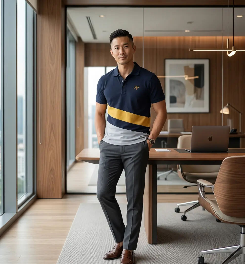 Man wearing Vizlen navy polo in a professional office lifestyle setting